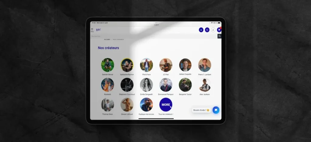 Tablette affichant la page « Nos créateurs » de la boutique IPLN, avec les portraits des vidéastes partenaires