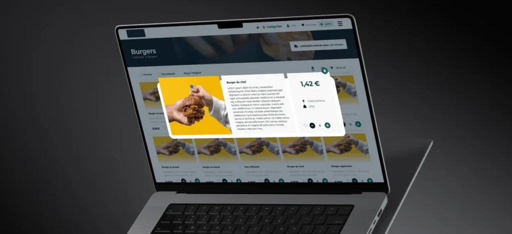 Ordinateur portable affichant la fenêtre de détail du « Burger du chef » à 1,42€ dans le catalogue NexusGreen