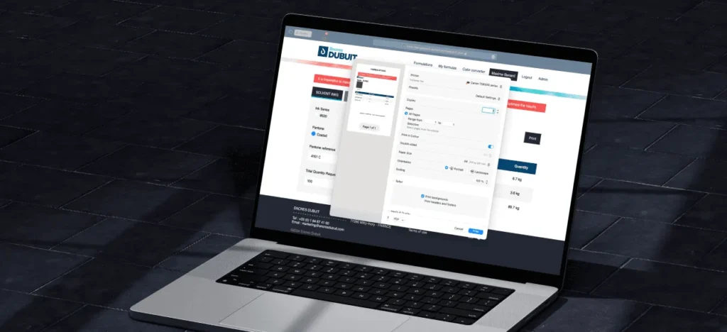 Ordinateur portable affichant la fenêtre d’impression d’une fiche de formulation dans l’application Encres Dubuit
