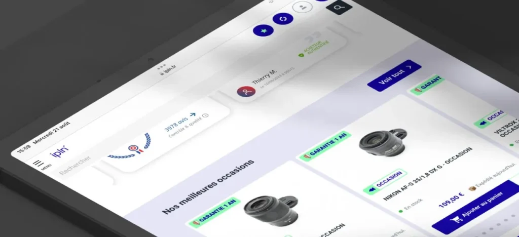 Tablette affichant la rubrique « Nos meilleures occasions » de la boutique IPLN : objectifs d’occasion garantis un an et avis clients