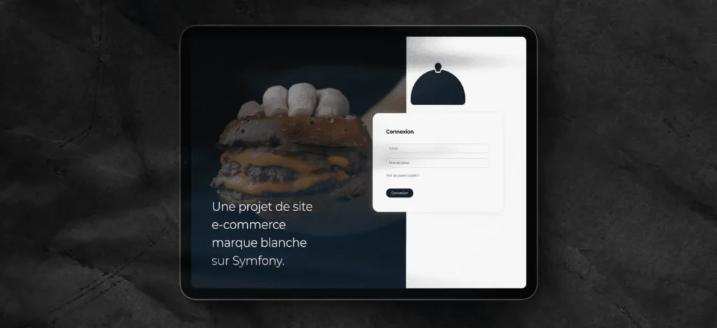 Tablette affichant la page de connexion de NexusGreen avec la photo d’un burger