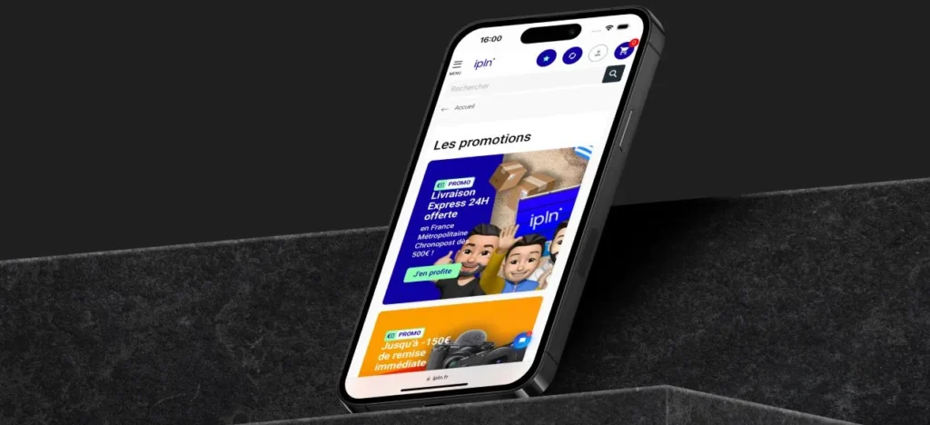Smartphone affichant la page « Les promotions » de la boutique IPLN, avec l’offre de livraison express en 24h