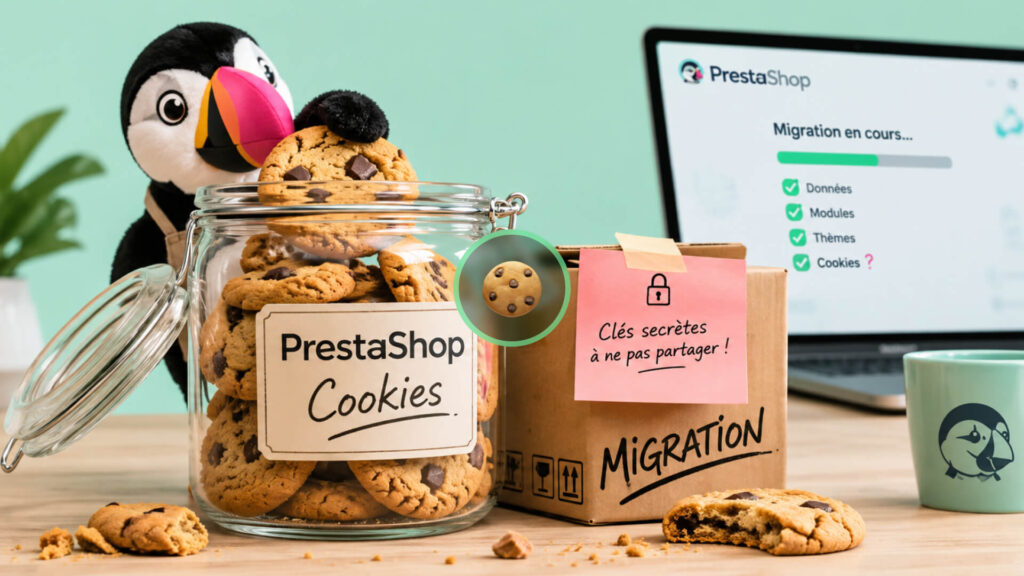 Bocal de cookies étiqueté « PrestaShop Cookies » à côté d’une peluche macareux et d’un carton « Migration » portant la note « Clés secrètes à ne pas partager ! », devant un écran de migration PrestaShop
