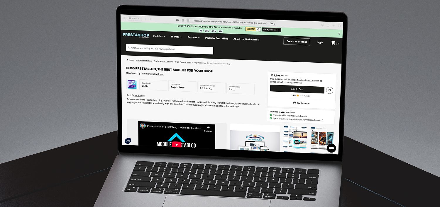 Ordinateur portable affichant la fiche du module PrestaBlog sur la place de marché PrestaShop Addons