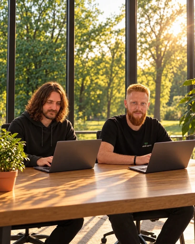 Deux développeurs Mintfull au travail sur leurs ordinateurs portables, côte à côte devant une baie vitrée donnant sur un parc, l’un en t-shirt Mintfull Agency