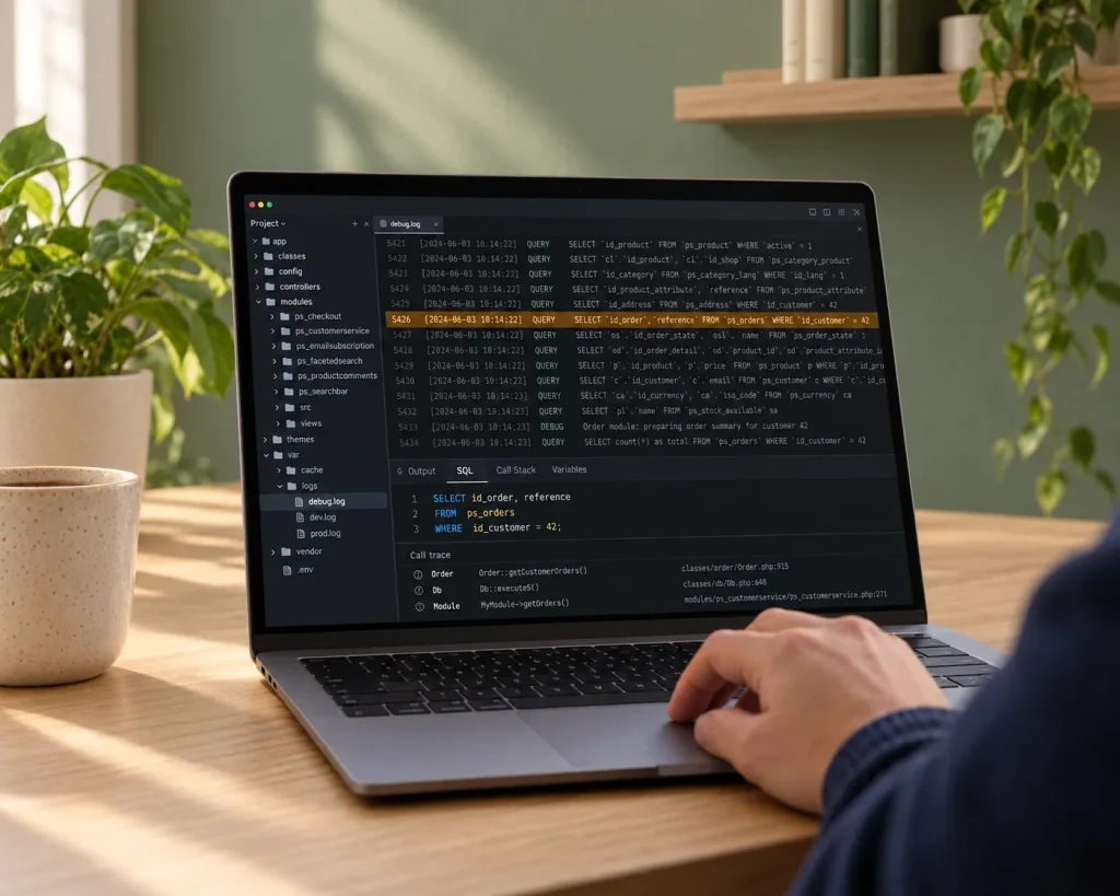 Journal de débogage d’une boutique PrestaShop ouvert sur un ordinateur portable : requêtes SQL horodatées, une requête sur les commandes surlignée, avec la trace d’appel jusqu’au module qui la déclenche