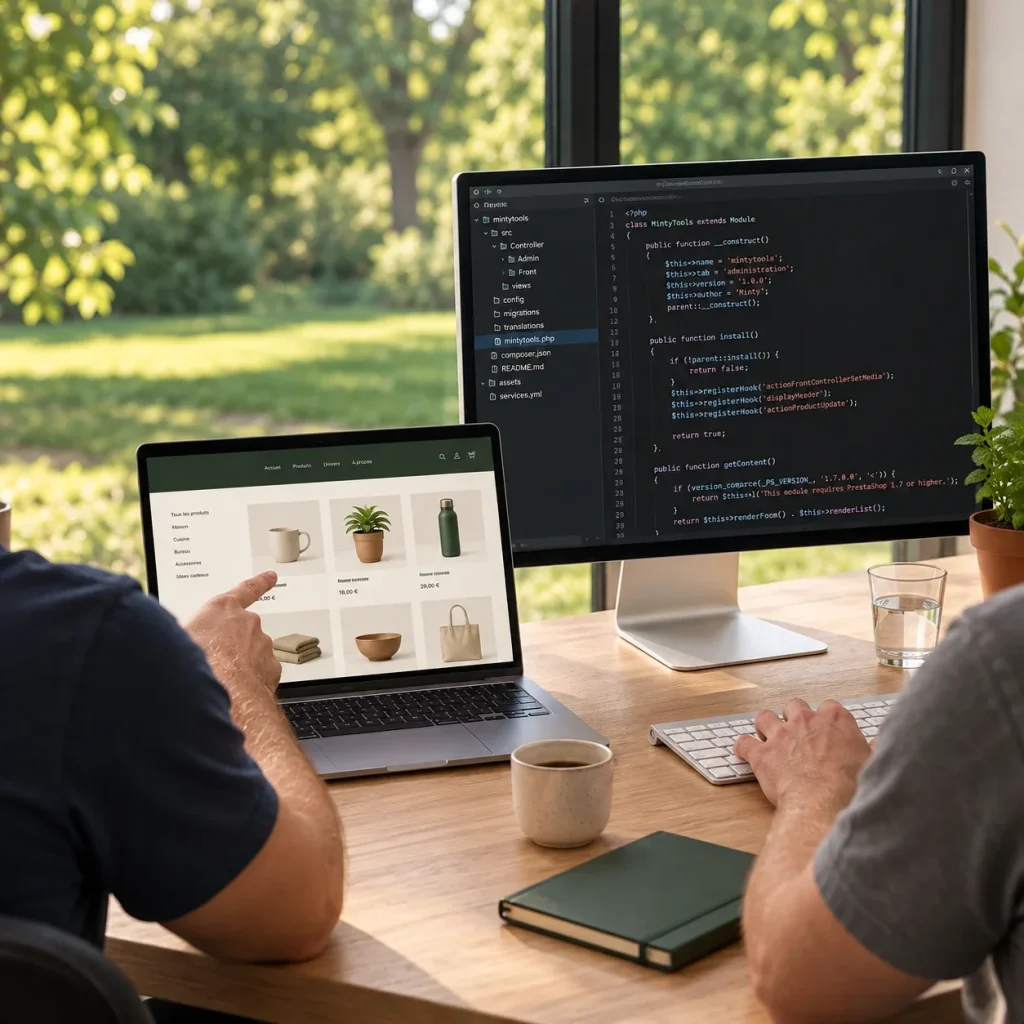 Deux développeurs au bureau : le code d’un module PrestaShop sur un écran, et la boutique qu’il fait tourner, une page catégorie avec ses produits, montrée sur un ordinateur portable