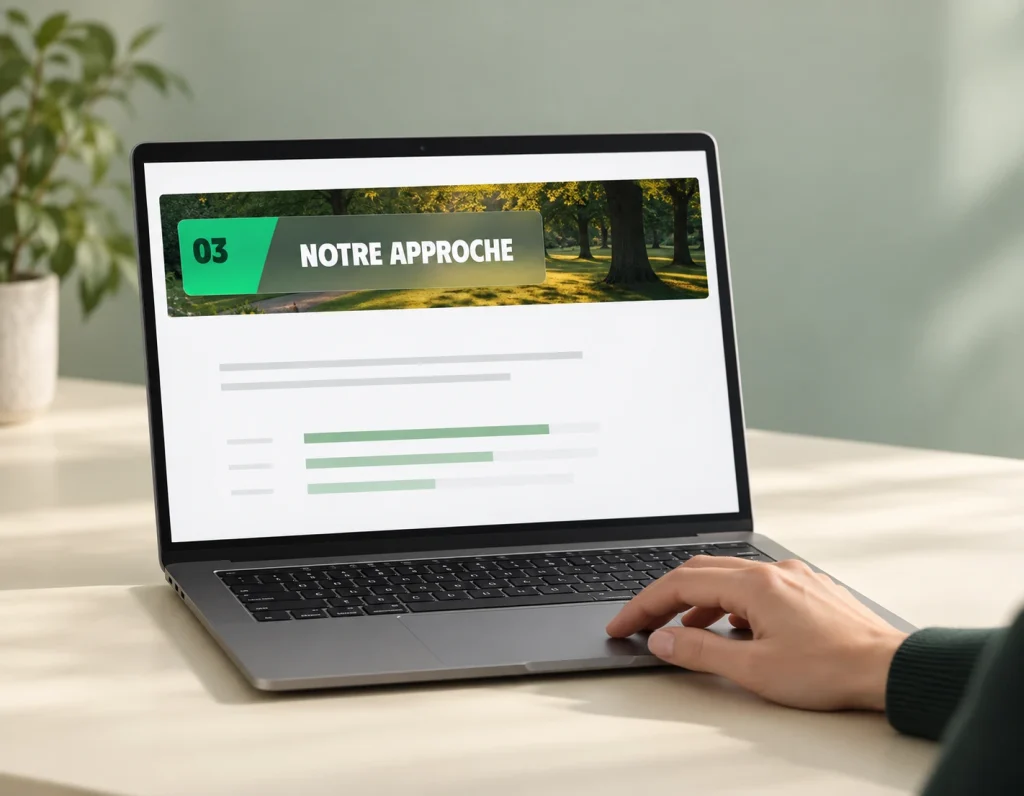 Ordinateur portable sur un bureau, une main sur le pavé tactile : l’écran affiche l’en-tête « 03 Notre approche » sur une photo de parc, suivi de barres de mesure
