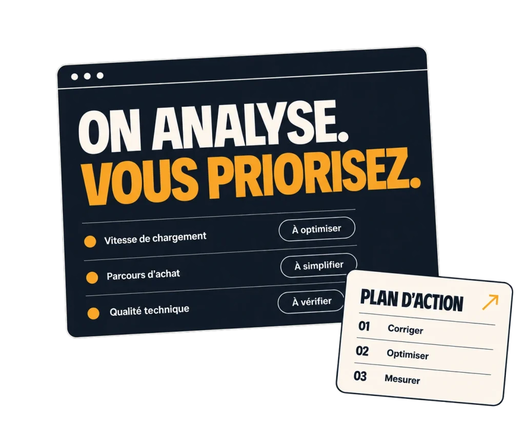 Audit de performance Mintfull : « On analyse. Vous priorisez. » Vitesse de chargement, parcours d’achat et qualité technique, puis un plan d’action en trois temps : corriger, optimiser, mesurer