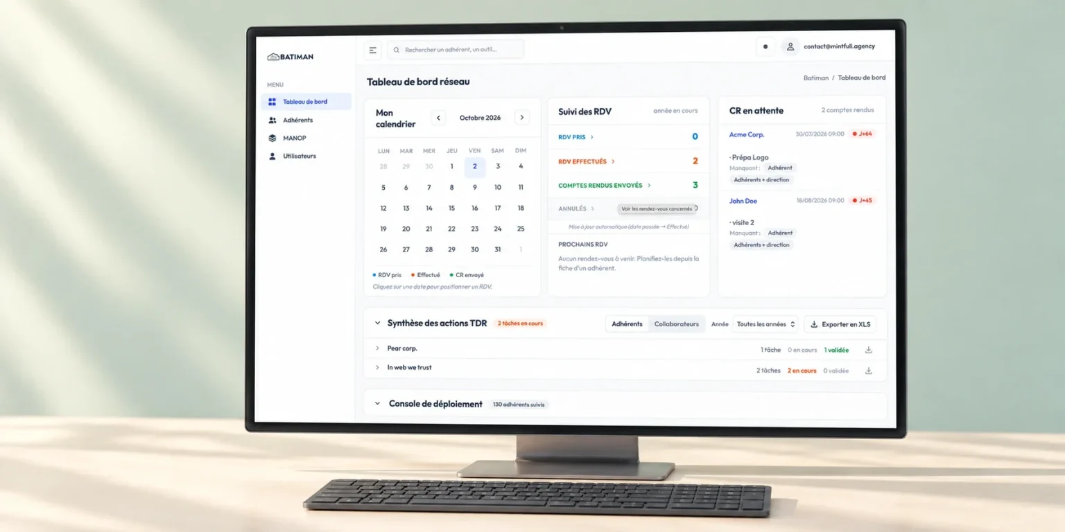Application Batiman Réseau 360 affichée sur un écran de bureau : tableau de bord réseau avec calendrier, suivi des rendez-vous et comptes rendus en attente