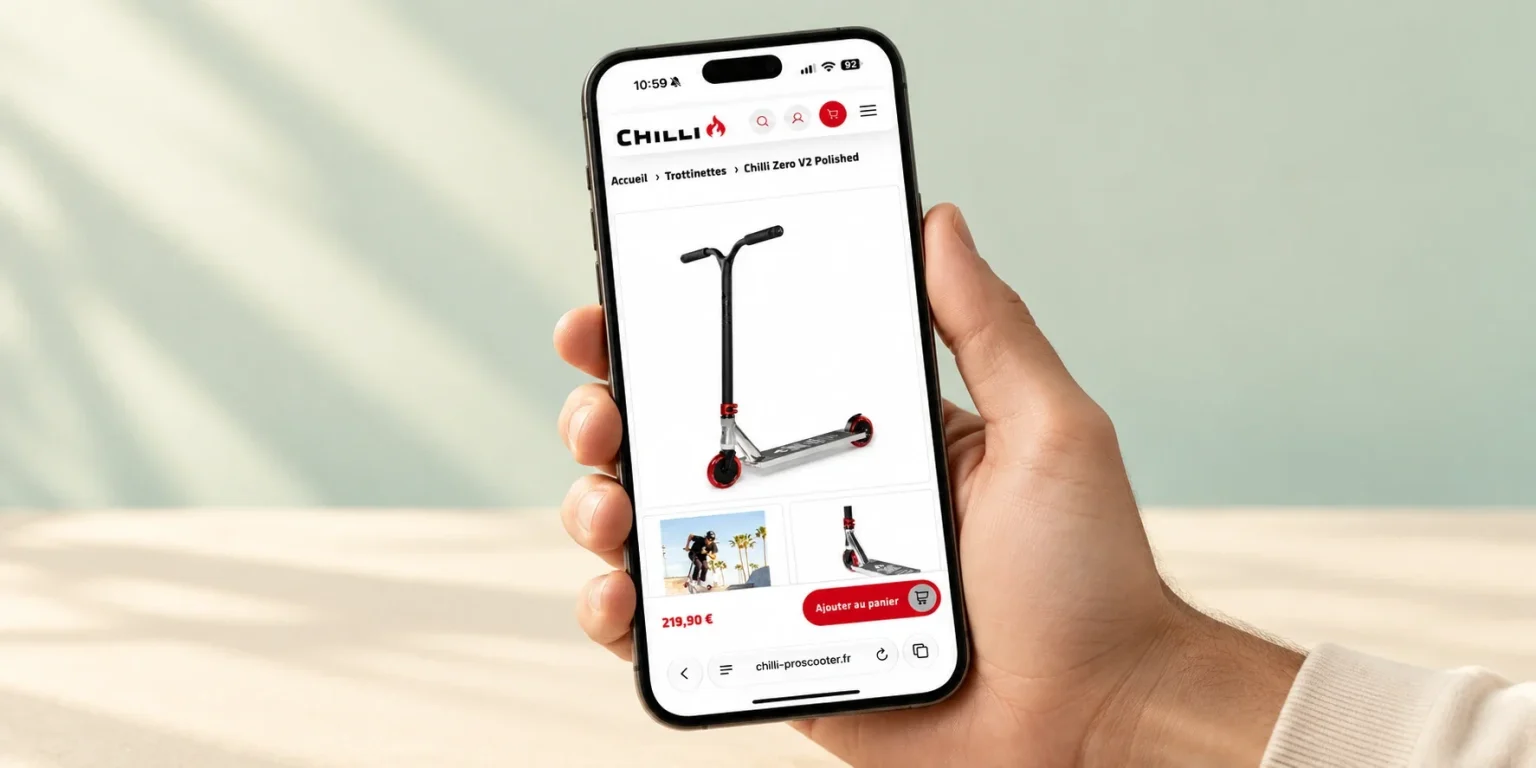 Boutique Chilli Pro Scooter sur smartphone : fiche produit de la trottinette Chilli Zero V2 Polished
