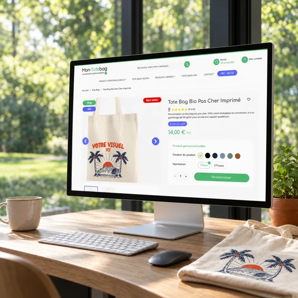 Boutique Mon-Totebag affichée sur un écran de bureau : fiche produit d’un tote bag bio personnalisable, à côté du sac imprimé posé sur la table