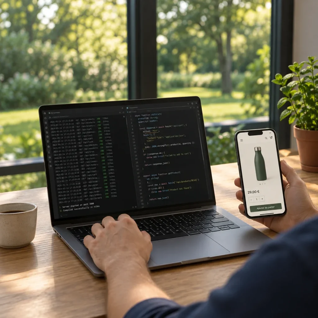 Développeur qui suit les requêtes du serveur et le code du panier sur un ordinateur portable, et vérifie sur un smartphone que la fiche produit et le bouton « Ajouter au panier » répondent à nouveau