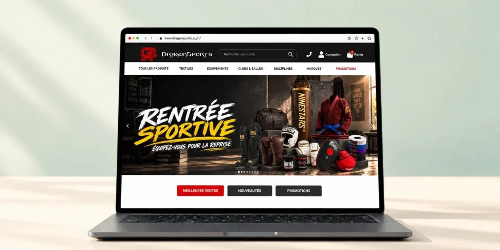 Boutique Dragon Sports sous PrestaShop 9 affichée sur un ordinateur portable : bannière « Rentrée sportive » et équipements de sports de combat