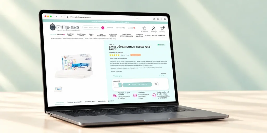 Boutique B2B Esthétique Market affichée sur un ordinateur portable : fiche produit des bandes d’épilation Bandy