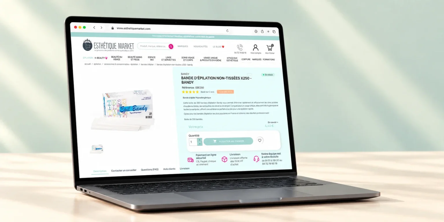 Boutique B2B Esthétique Market affichée sur un ordinateur portable : fiche produit des bandes d’épilation Bandy