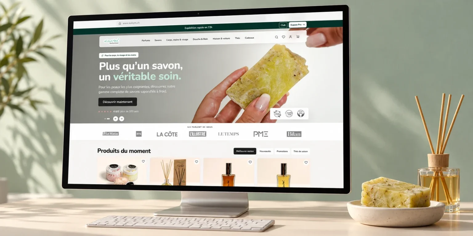Nouvelle boutique Kokym sous PrestaShop 9 affichée sur un écran de bureau, à côté d’un savon et d’un diffuseur : page d’accueil « Plus qu’un savon, un véritable soin. »