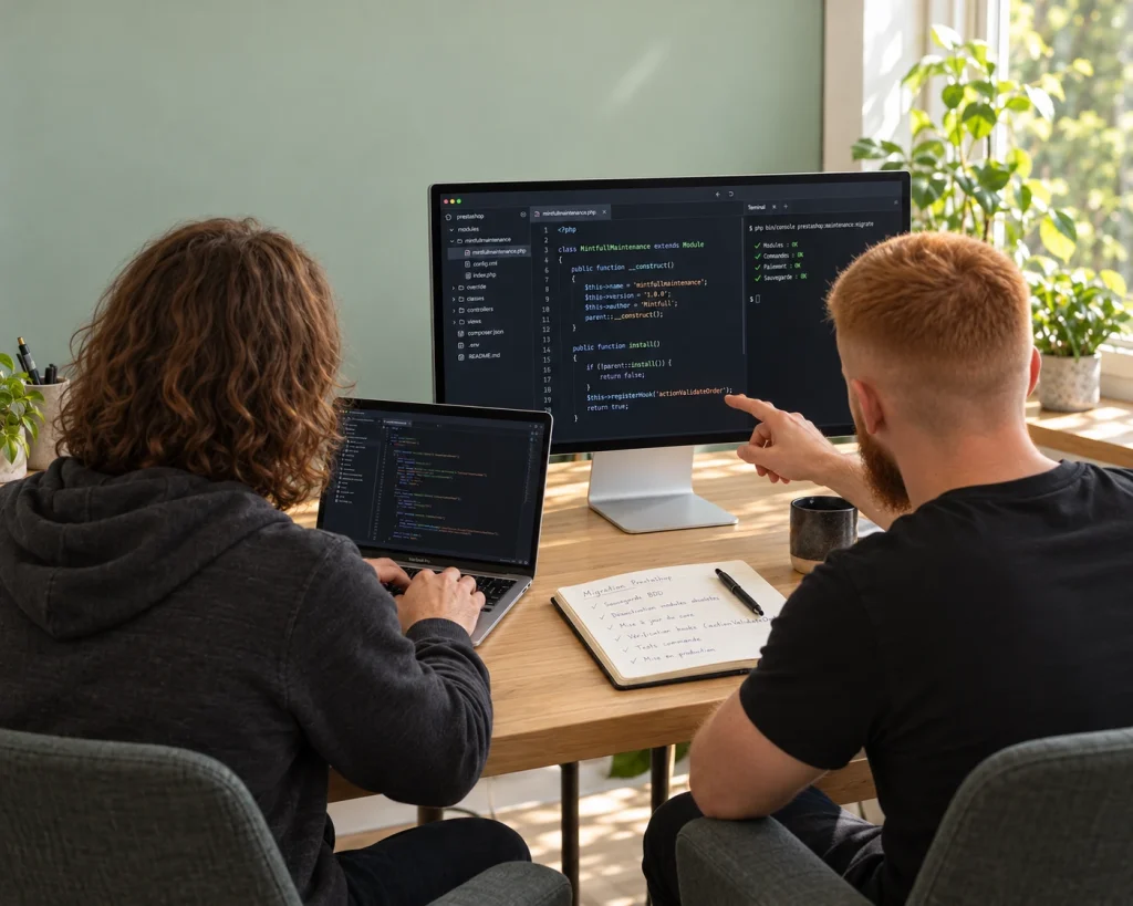 Deux développeurs au bureau devant le code d’un module PrestaShop et le terminal d’une commande de migration, avec sur la table un carnet où la checklist de migration est cochée : sauvegarde, modules obsolètes, mise à jour du cœur, hooks, tests de commande, mise en production