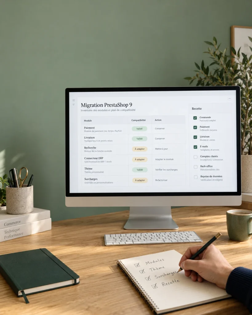 Inventaire des modules d’une migration vers PrestaShop 9 affiché sur un écran : compatibilité de chaque module, du thème et des surcharges, action à mener et liste de recette, à côté d’un carnet où sont cochés modules, thème, surcharges et recette