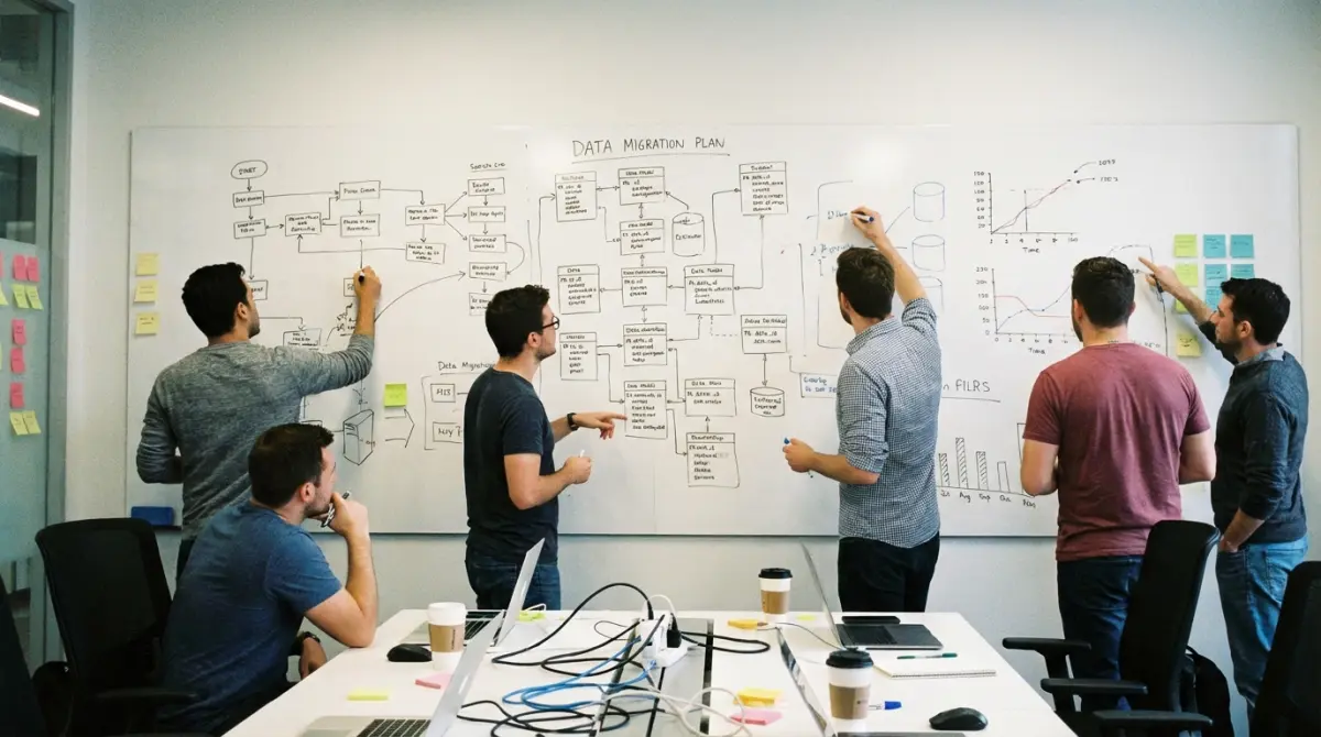 Équipe devant un tableau blanc où est dessiné un plan de migration des données, étape par étape, pour passer de WooCommerce à PrestaShop