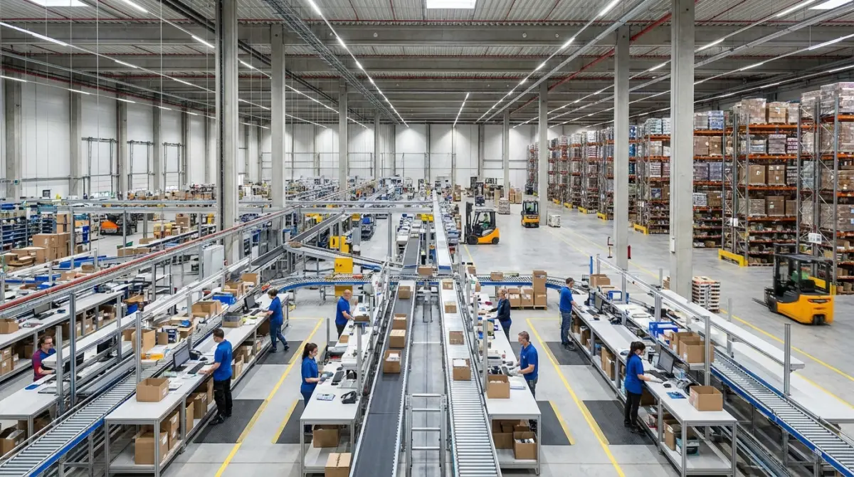 Entrepôt logistique d’une boutique en ligne : postes de préparation des commandes, convoyeurs et rayonnages de stock, l’activité qu’une boutique WooCommerce en croissance doit absorber