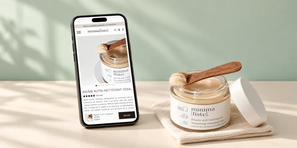 Boutique Minimaliste sur smartphone, à côté du pot de baume nutri-nettoyant : fiche produit du baume 100 ml