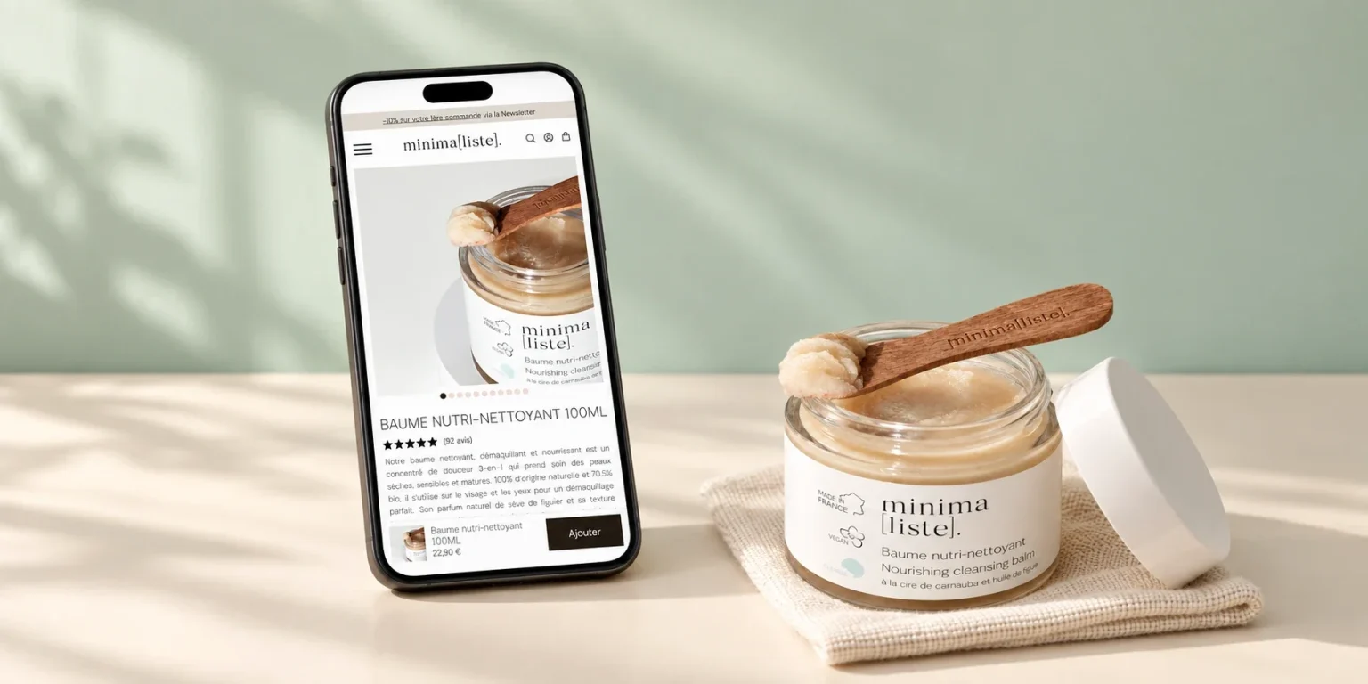 Boutique Minimaliste sur smartphone, à côté du pot de baume nutri-nettoyant : fiche produit du baume 100 ml