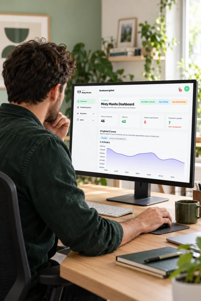 Un développeur Mintfull suit le tableau de bord Minty Monito à son bureau
