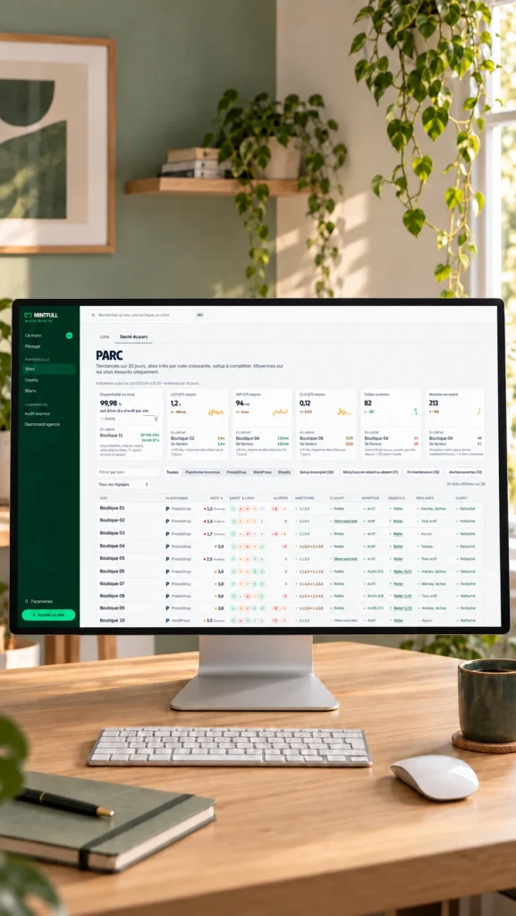 Écran de bureau affichant la vue Santé du parc de Minty Monito : disponibilité du mois, Core Web Vitals moyens, failles ouvertes et modules en retard, puis la liste des sites suivis avec leur note de santé