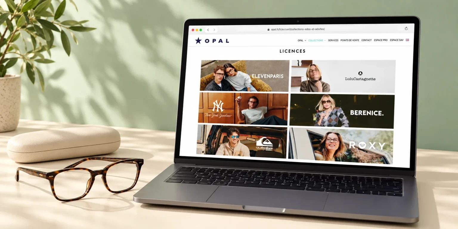 Site Opal affiché sur un ordinateur portable, à côté d’une paire de lunettes et de son étui : page des licences de lunettes (Eleven Paris, Lulu Castagnette, New York Yankees, Berenice, Quiksilver, Roxy)