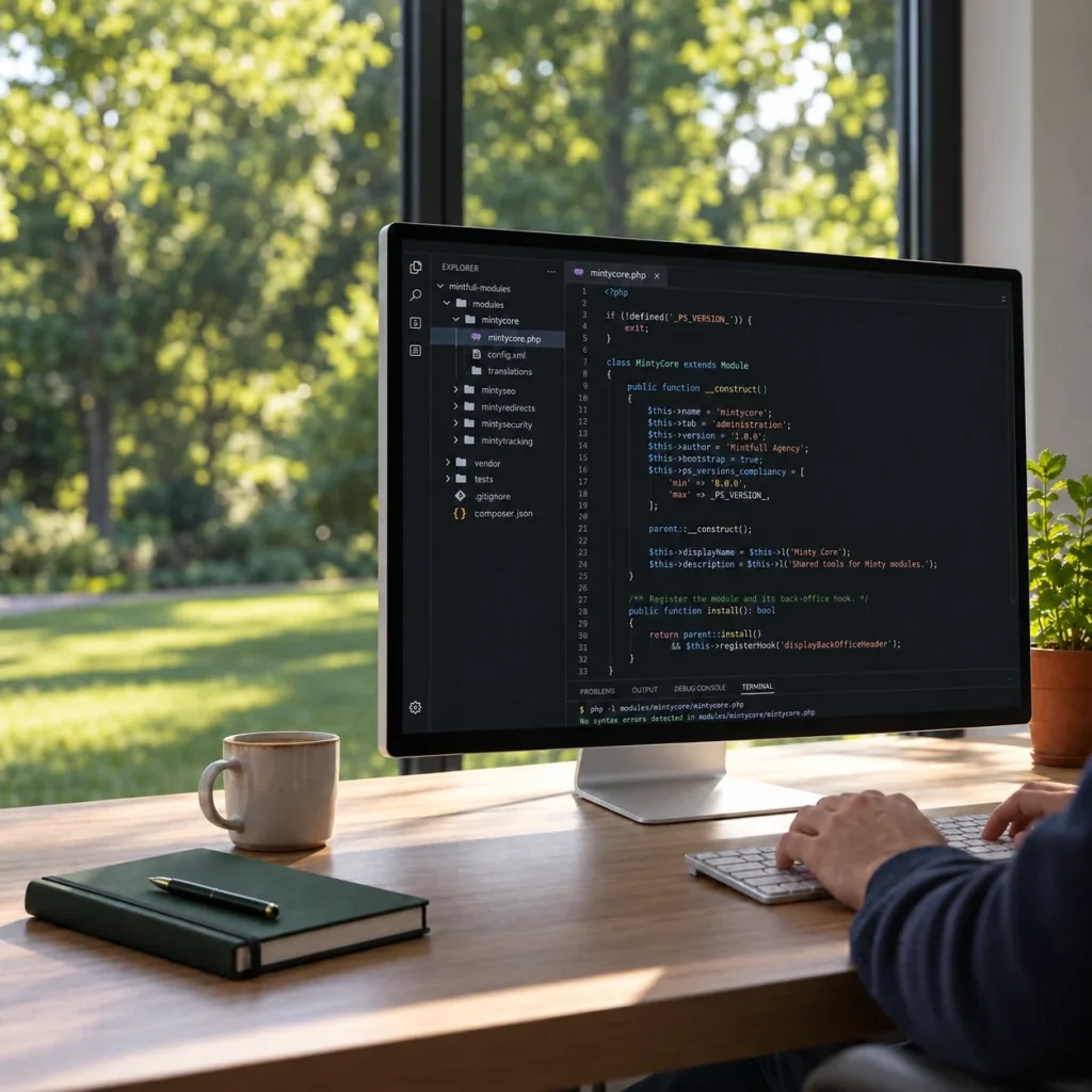Code d’un module PrestaShop maison ouvert dans un éditeur sur un écran de bureau, avec l’arborescence des modules Minty de l’agence et la vérification de syntaxe dans le terminal