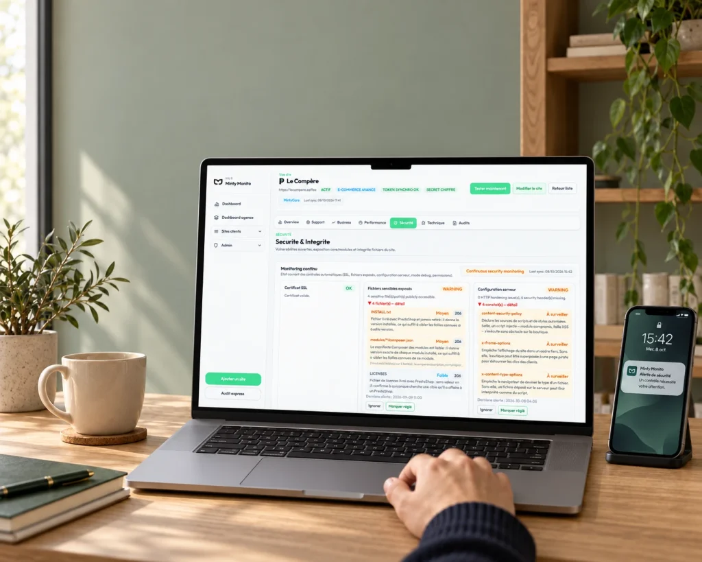 Onglet Sécurité de Minty Monito ouvert sur un ordinateur portable : certificat SSL valide, fichiers sensibles exposés et en-têtes de sécurité manquants signalés, et sur le smartphone posé à côté la notification d’alerte de sécurité