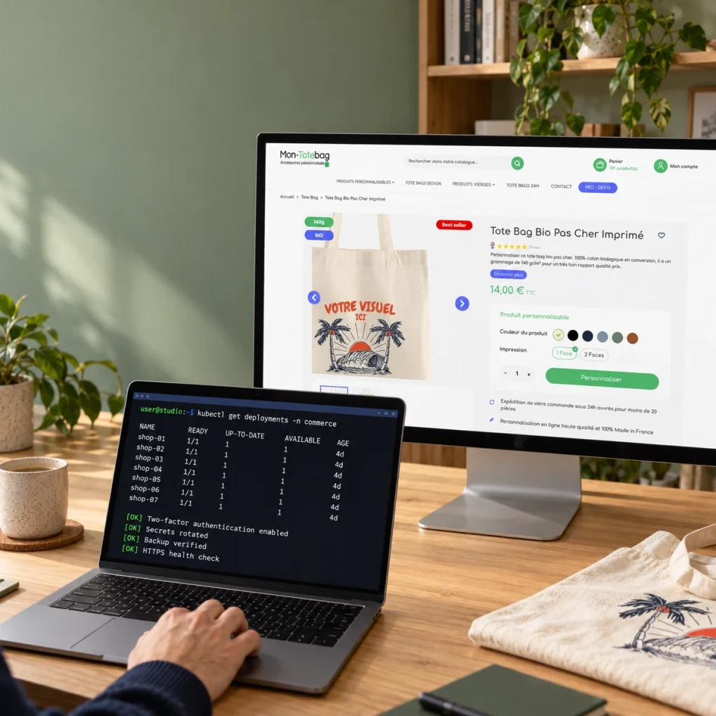 Boutique Mon-Totebag affichée sur un écran de bureau, et sur l’ordinateur portable le terminal qui montre sept boutiques en ligne sur Kubernetes, double authentification activée, secrets renouvelés et sauvegardes vérifiées