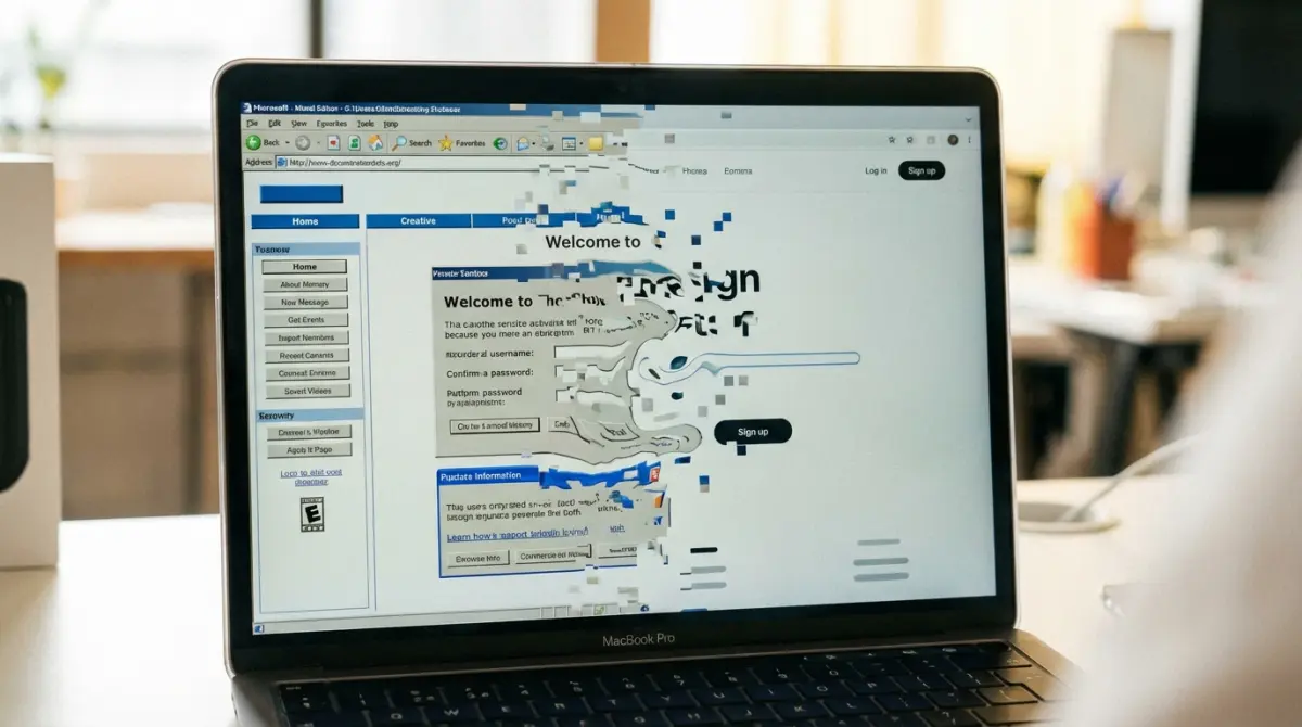Écran d’ordinateur portable où un site au design daté se transforme en une version moderne, image d’une refonte graphique qui garde le site existant