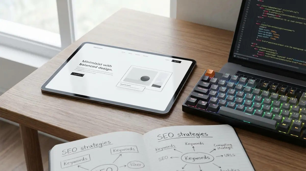 Bureau avec une tablette affichant une maquette épurée, du code sur un ordinateur portable et un carnet de notes sur la stratégie SEO et les mots-clés