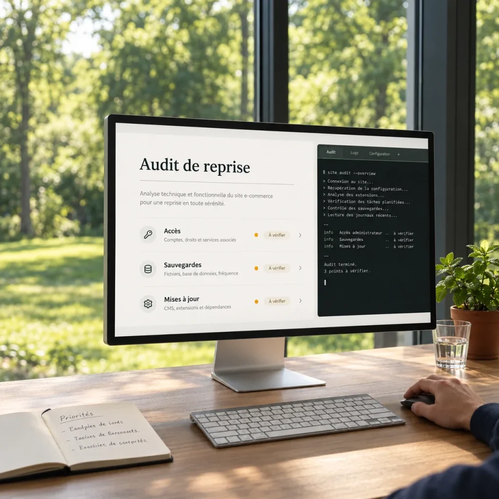 Écran d’audit de reprise d’un site e-commerce : accès, sauvegardes et mises à jour à vérifier, avec le journal de l’analyse dans un terminal