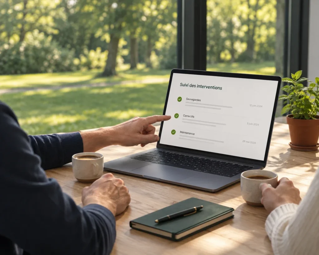 Suivi des interventions d’un site repris affiché sur un ordinateur portable : sauvegardes, correctifs et maintenance validés et datés, montrés à un client autour d’un café
