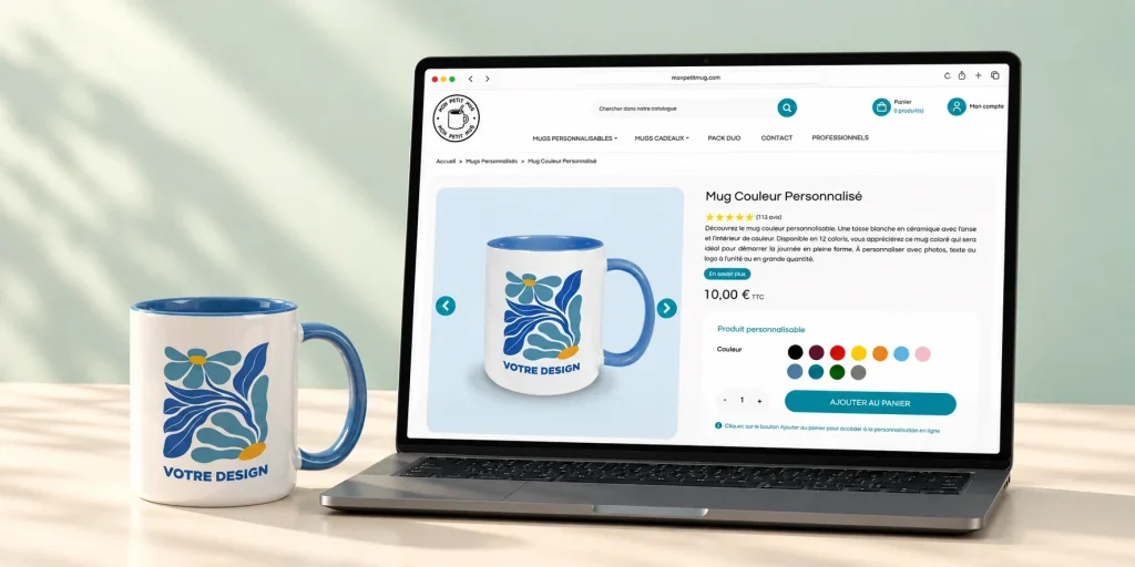 Boutique Mon Petit Mug, une des marques du groupe 36 Factory, affichée sur un ordinateur portable : fiche produit du mug couleur personnalisé, à côté du mug imprimé