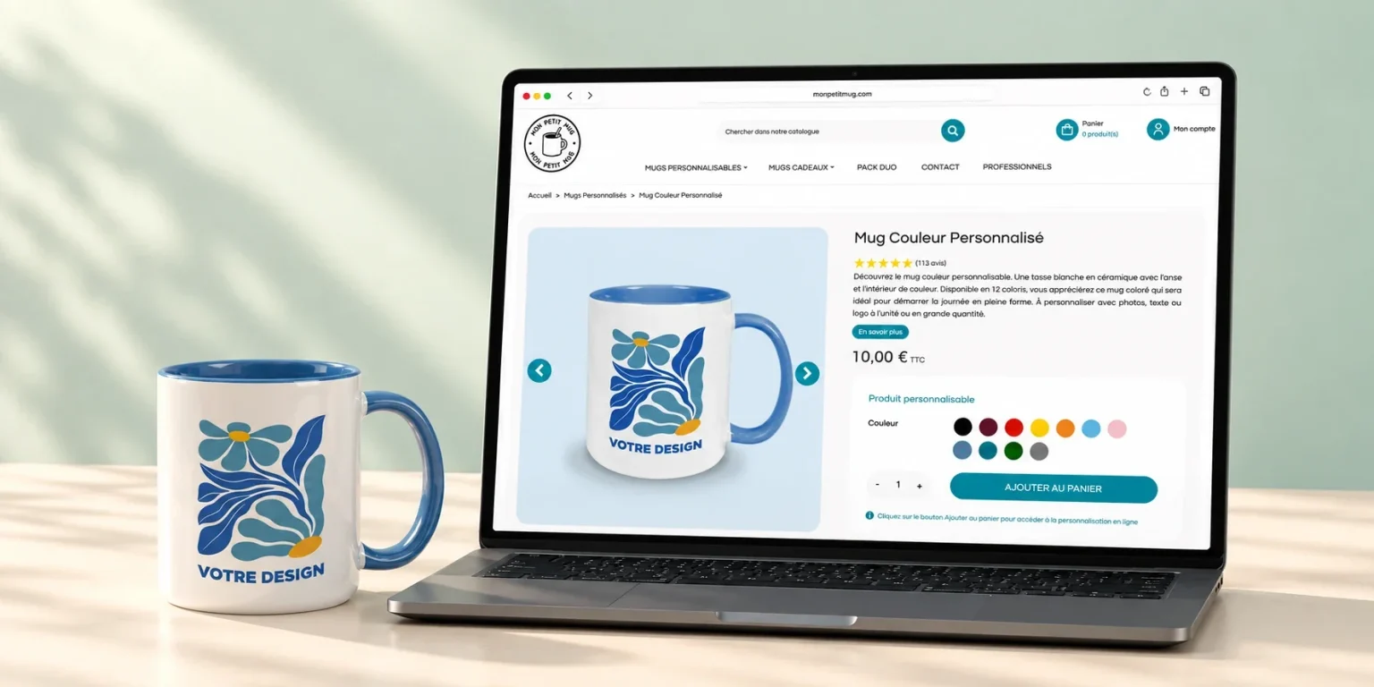 Boutique Mon Petit Mug, une des marques du groupe 36 Factory, affichée sur un ordinateur portable : fiche produit du mug couleur personnalisé, à côté du mug imprimé