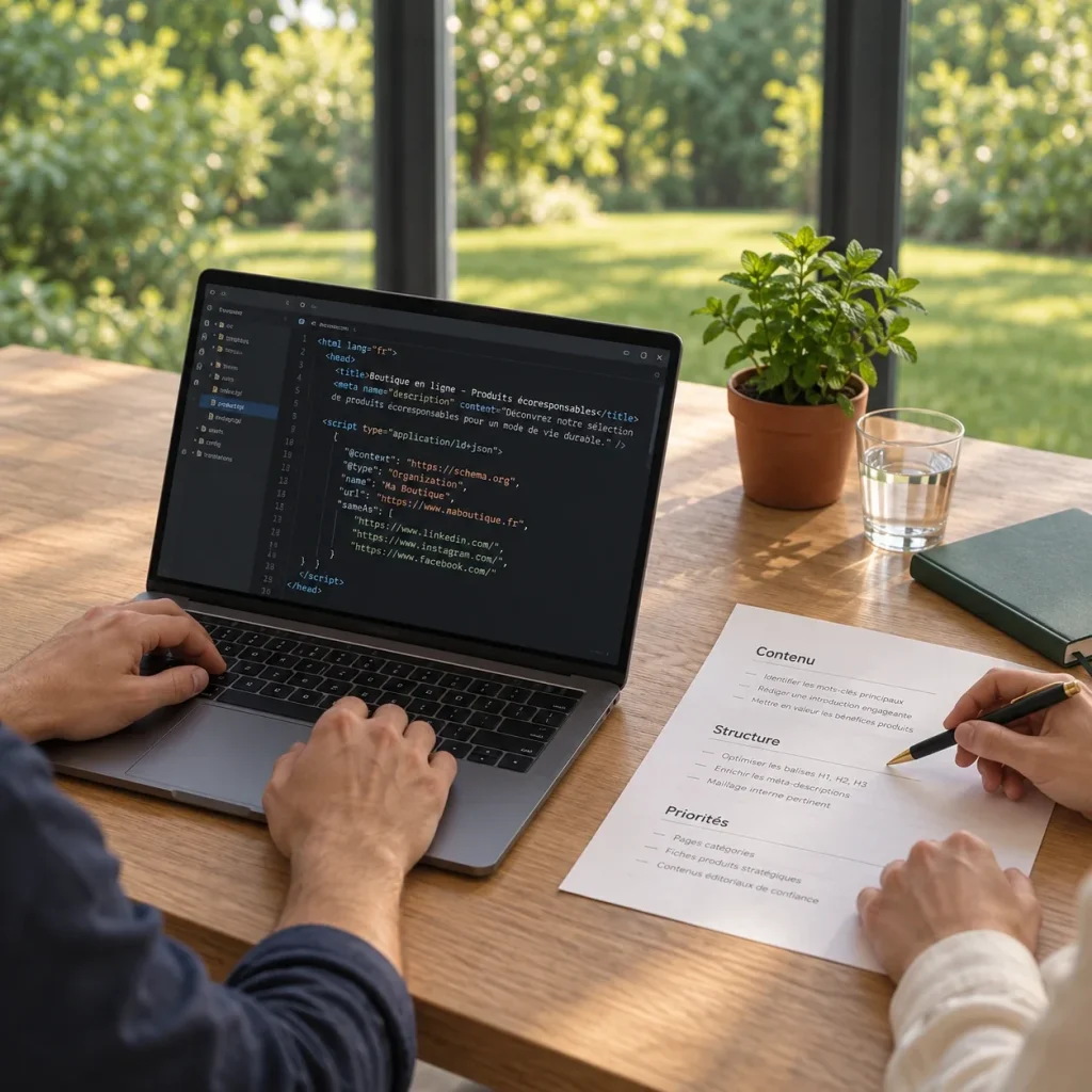 Développeur qui édite le code d’une page (balises title, meta description et données structurées schema.org) sur un ordinateur portable, à côté d’une liste de priorités SEO : contenu, structure, pages catégories et fiches produits