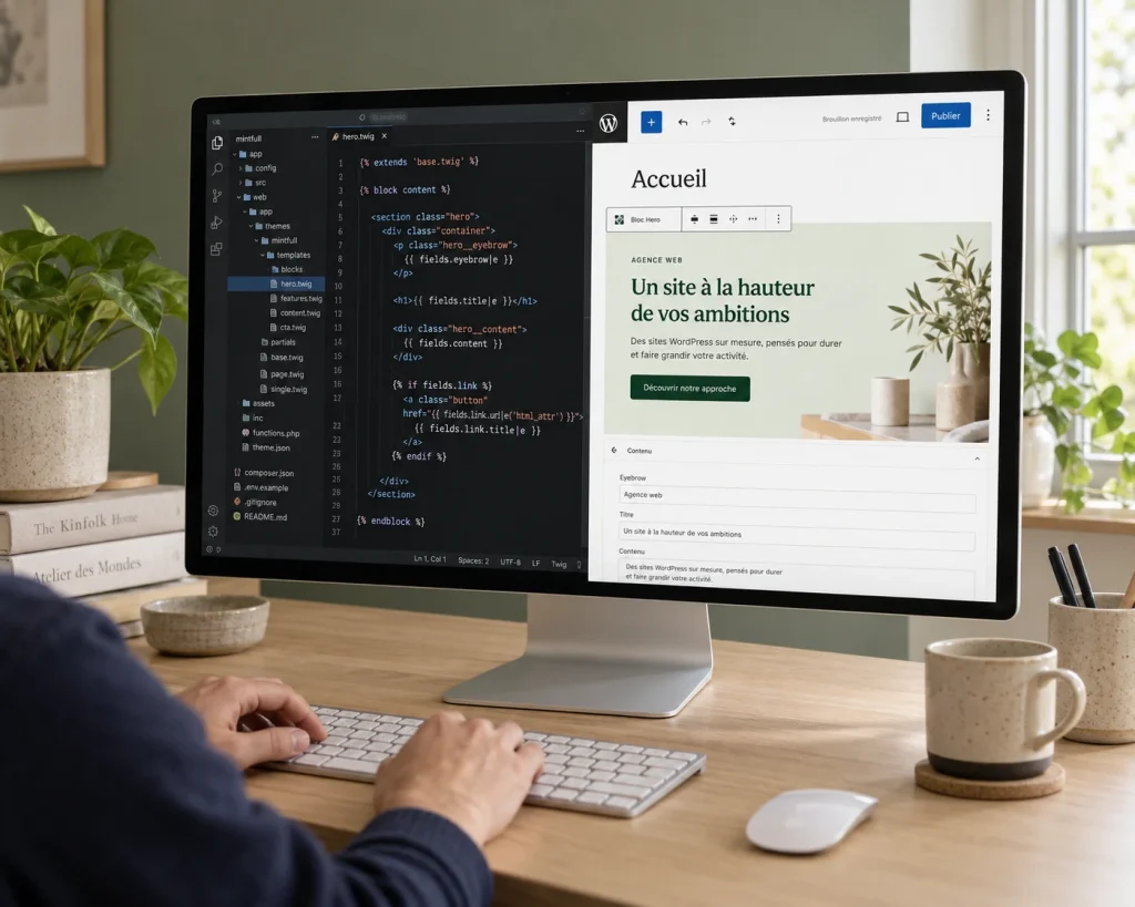 Écran partagé entre le gabarit Twig d’un bloc Hero dans l’éditeur de code et le même bloc dans l’éditeur de WordPress, avec ses champs surtitre, titre et contenu à remplir