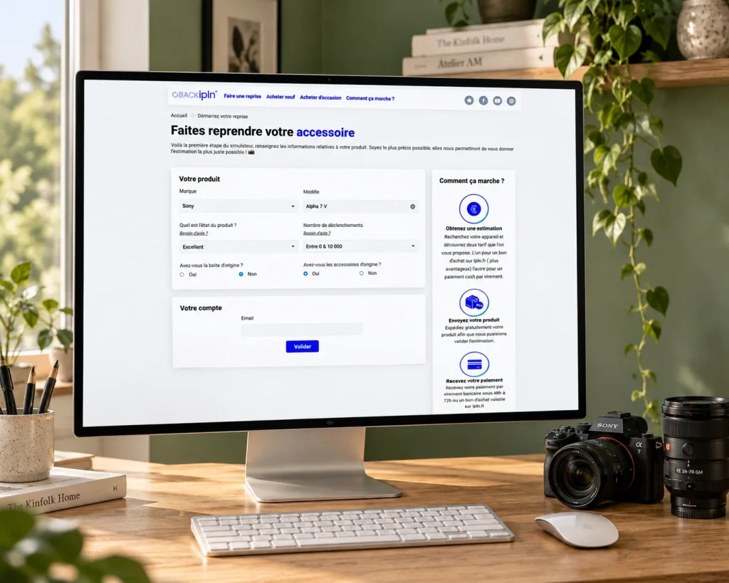 Simulateur de reprise de BACK IPLN affiché sur un écran de bureau : marque, modèle, état et accessoires d’un boîtier photo à faire reprendre, à côté de l’appareil et de son objectif posés sur la table
