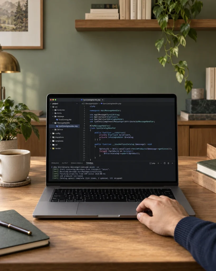 Ordinateur portable sur un bureau : le code d’un gestionnaire Symfony Messenger qui synchronise le catalogue depuis un ERP, et le terminal où le worker traite le message, 124 produits récupérés et mis à jour