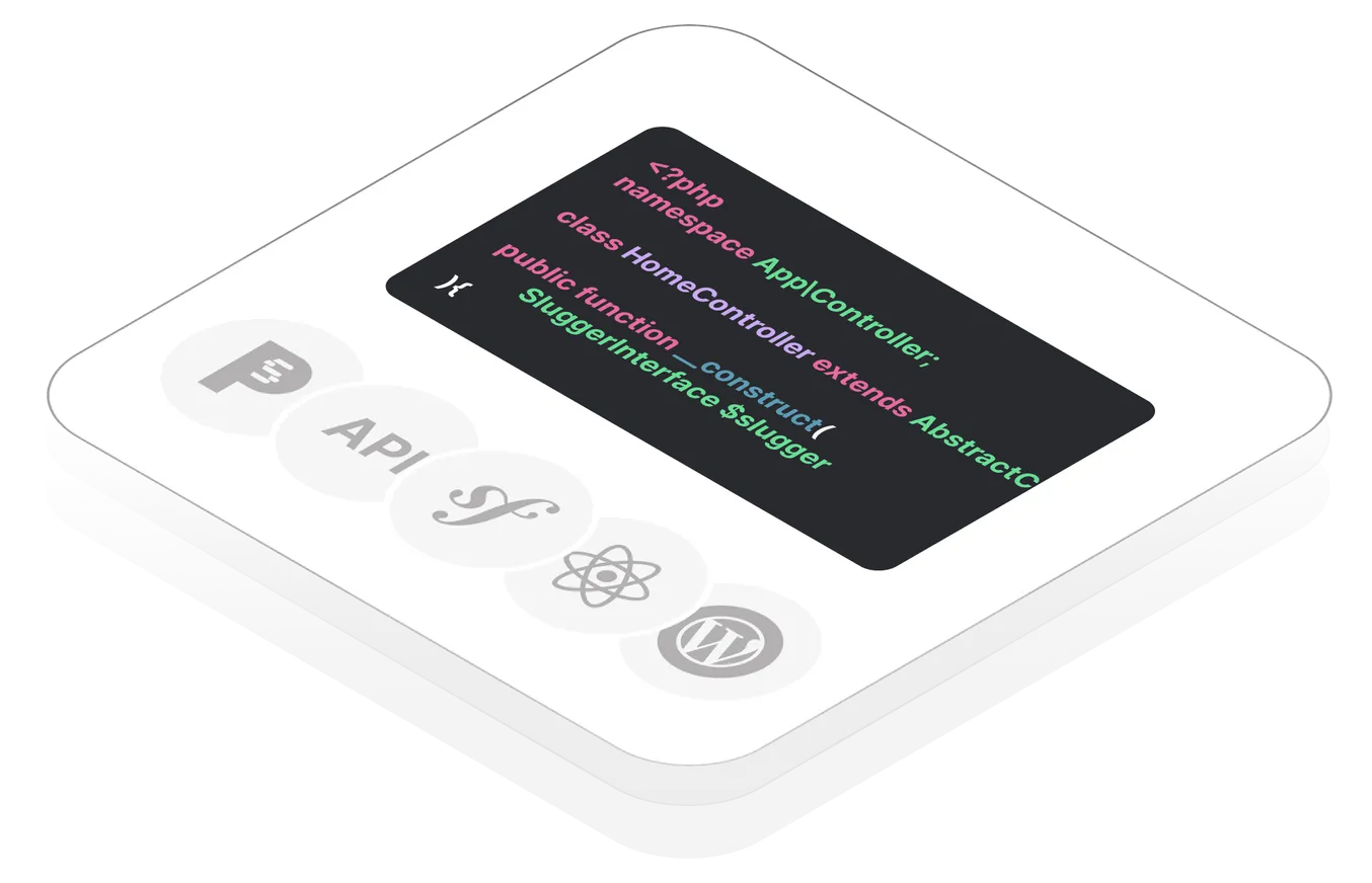 Un appareil numérique blanc affiche du code PHP sur son écran, avec des icônes pour API, Symfony, React et WordPress disposées sous l'écran.