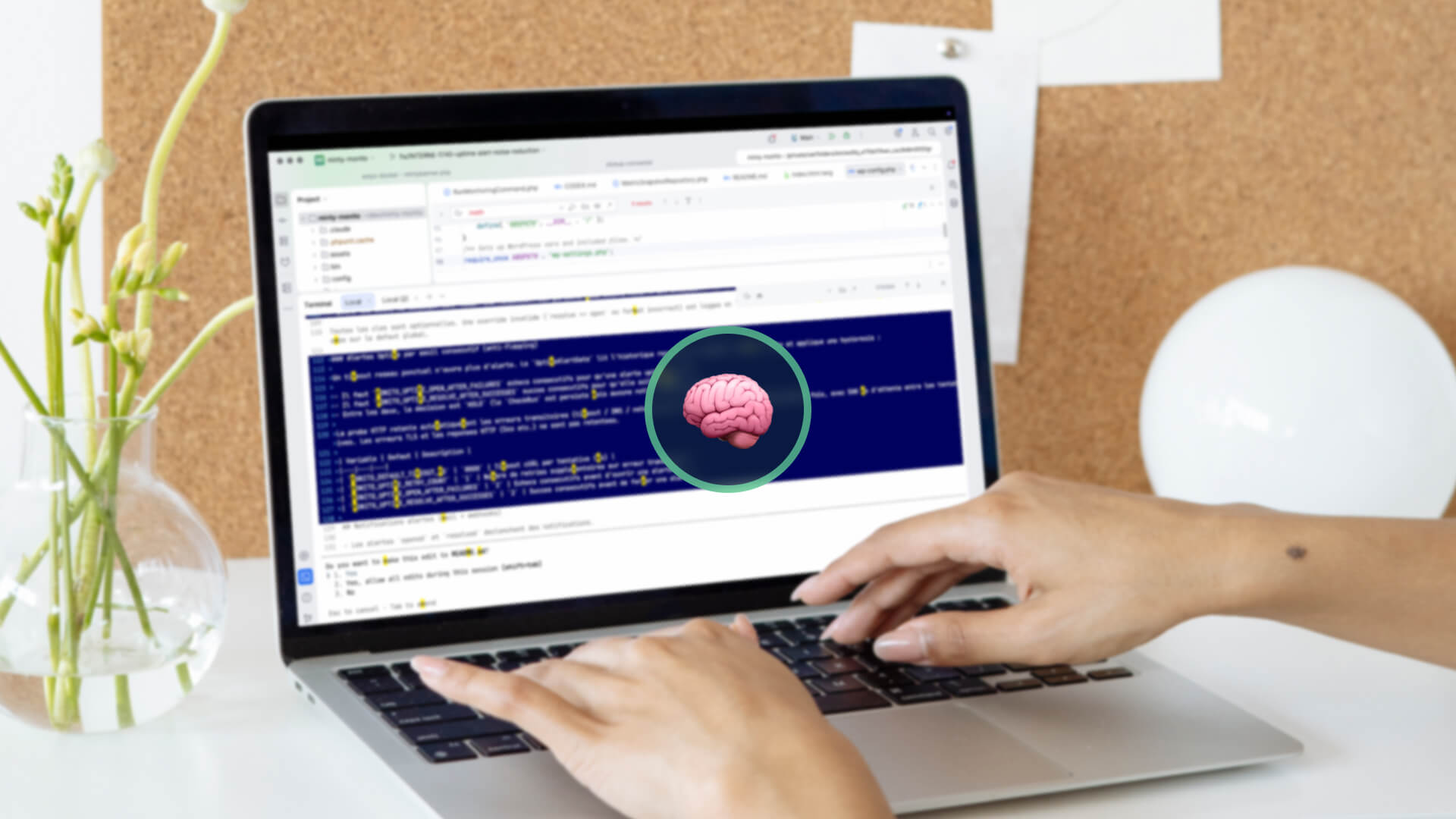 Laptop screen shows code editor with a pink brain graphic highlighted inside a teal circle, suggesting AI focus.