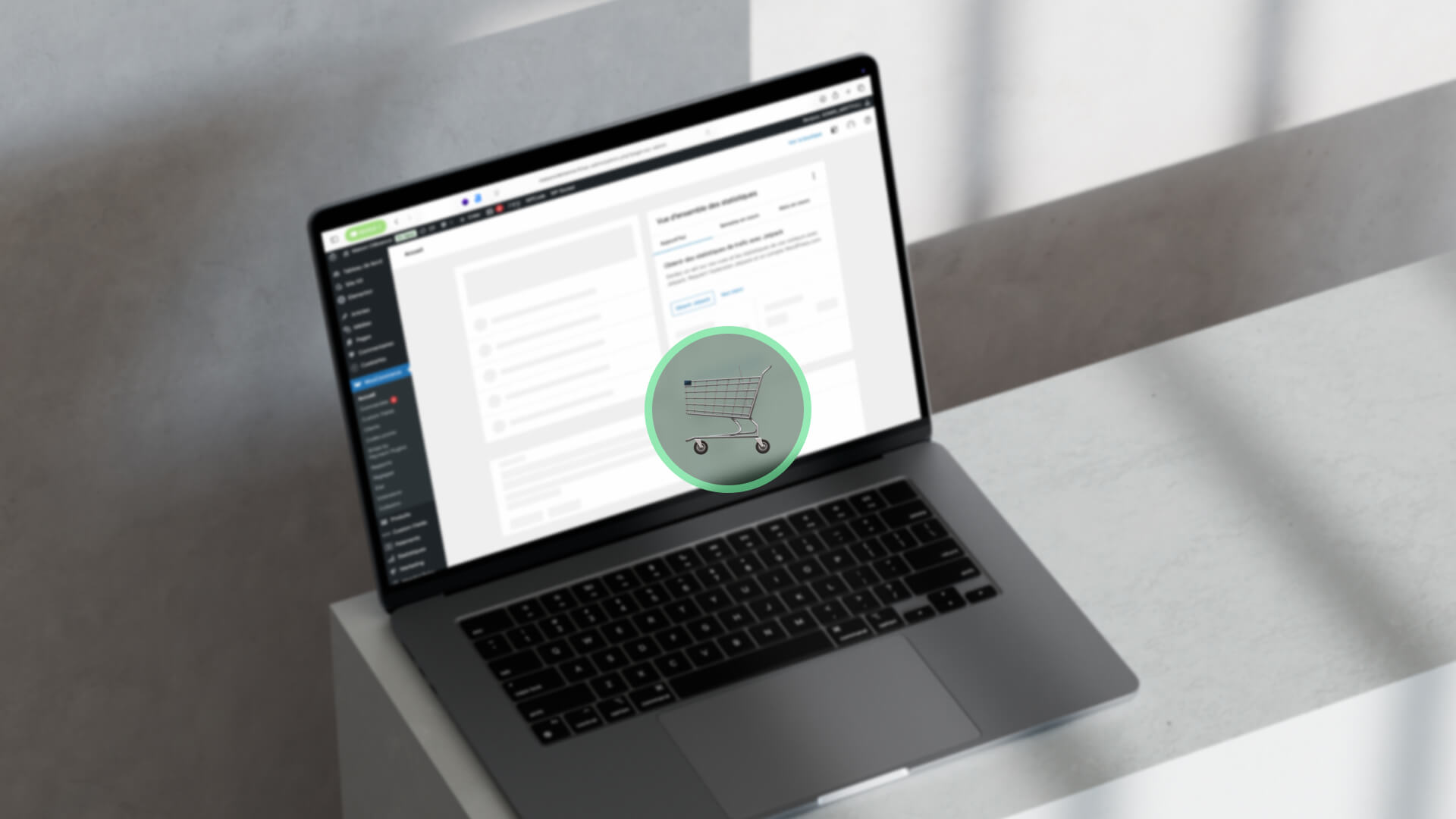 Laptop on a desk with a blurred dashboard on screen and a circular green badge containing a shopping cart overlaid on the display (e-commerce concept).