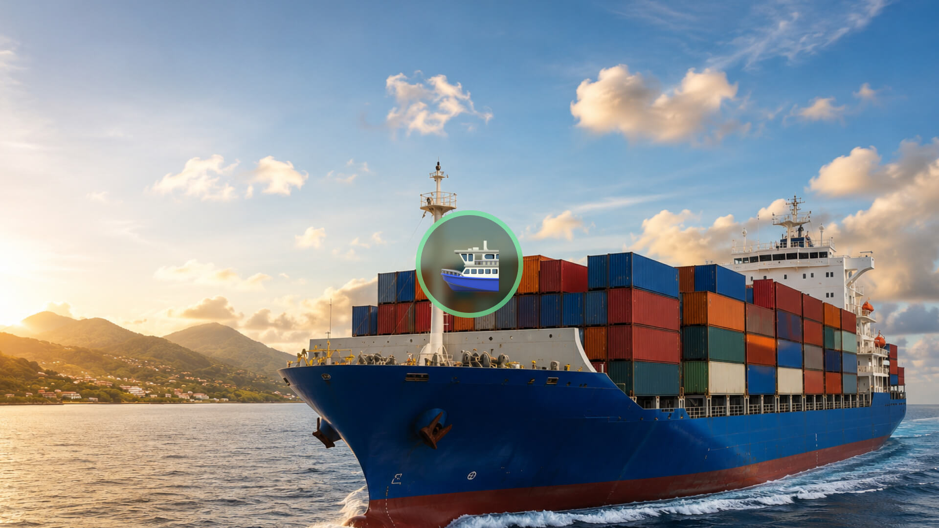 Container ship with colorful stacked cargo containers sailing at sunset over calm water