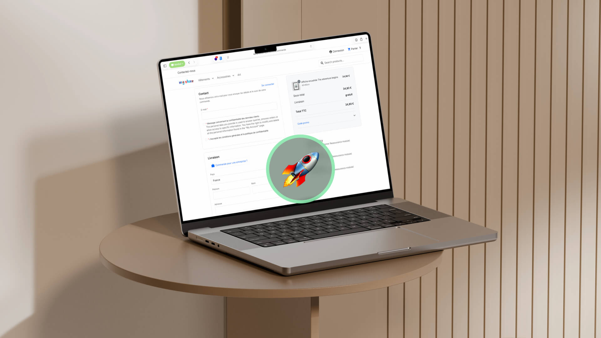 Laptop on a round beige table showing a software dashboard with a circular rocket icon overlay on the screen, suggesting a launch feature.