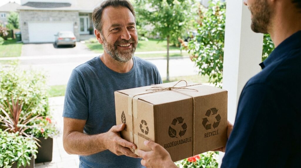Smiling man on a porch hands a biodegradable box to a delivery person.
