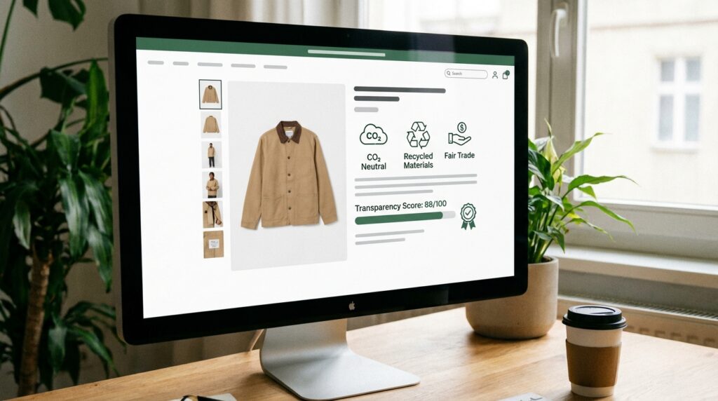 Desktop monitor displaying a tan jacket product page with thumbnails on the left and eco-friendly icons on the right